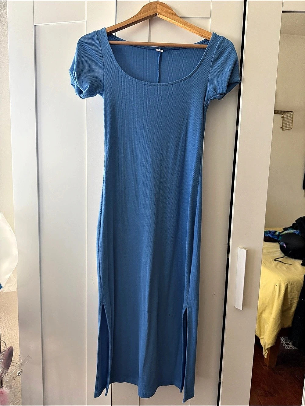 Old Navy Fitted Short-Sleeve Rib-Knit Midi Dress Blue XS